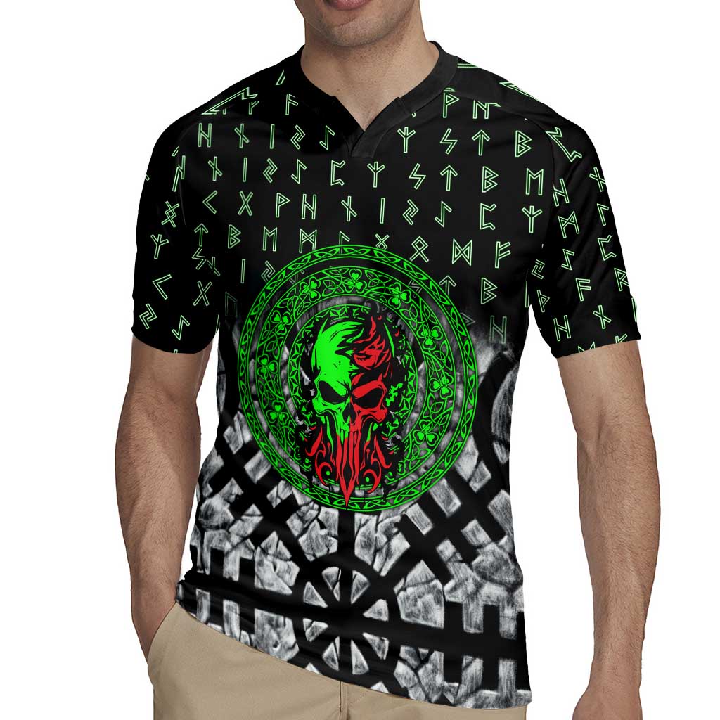 Flaming Skull Rugby Jersey with Green Runes and Norse Symbols Viking Warrior Tribute - Wonder Print Shop