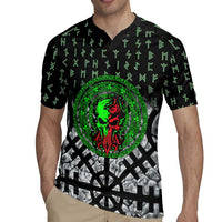 Flaming Skull Rugby Jersey with Green Runes and Norse Symbols Viking Warrior Tribute - Wonder Print Shop