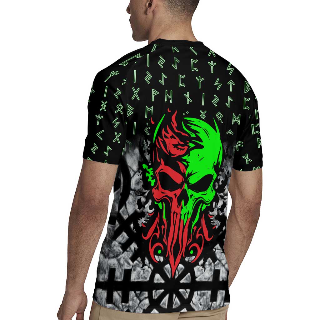 Flaming Skull Rugby Jersey with Green Runes and Norse Symbols Viking Warrior Tribute - Wonder Print Shop