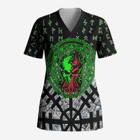Flaming Skull Scrub Top with Green Runes and Norse Symbols Viking Warrior Tribute - Wonder Print Shop