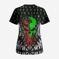 Flaming Skull Scrub Top with Green Runes and Norse Symbols Viking Warrior Tribute - Wonder Print Shop