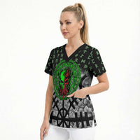 Flaming Skull Scrub Top with Green Runes and Norse Symbols Viking Warrior Tribute - Wonder Print Shop