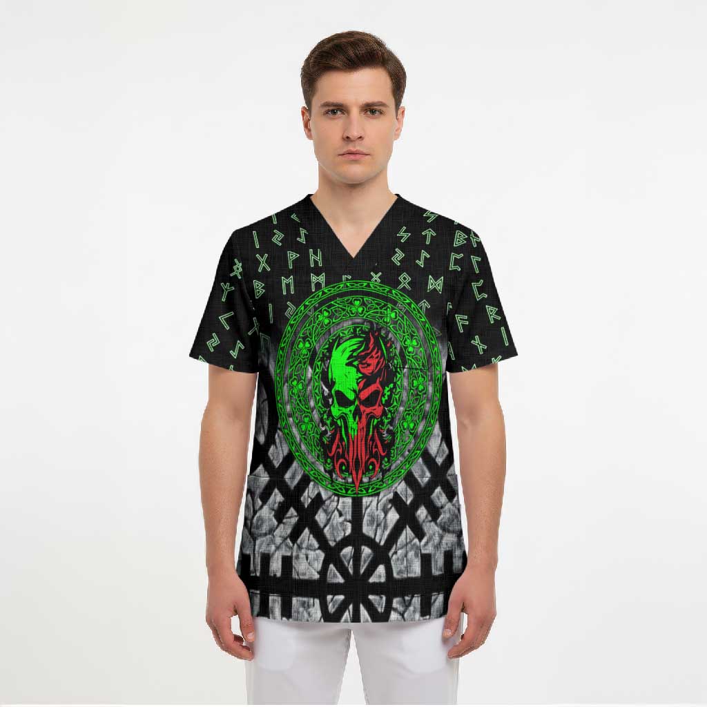 Flaming Skull Scrub Top with Green Runes and Norse Symbols Viking Warrior Tribute - Wonder Print Shop
