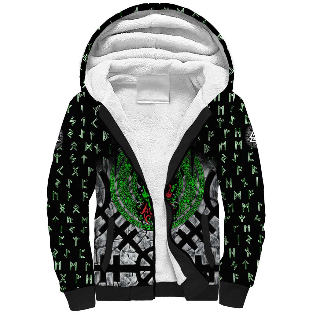 Flaming Skull Sherpa Hoodie with Green Runes and Norse Symbols Viking Warrior Tribute - Wonder Print Shop