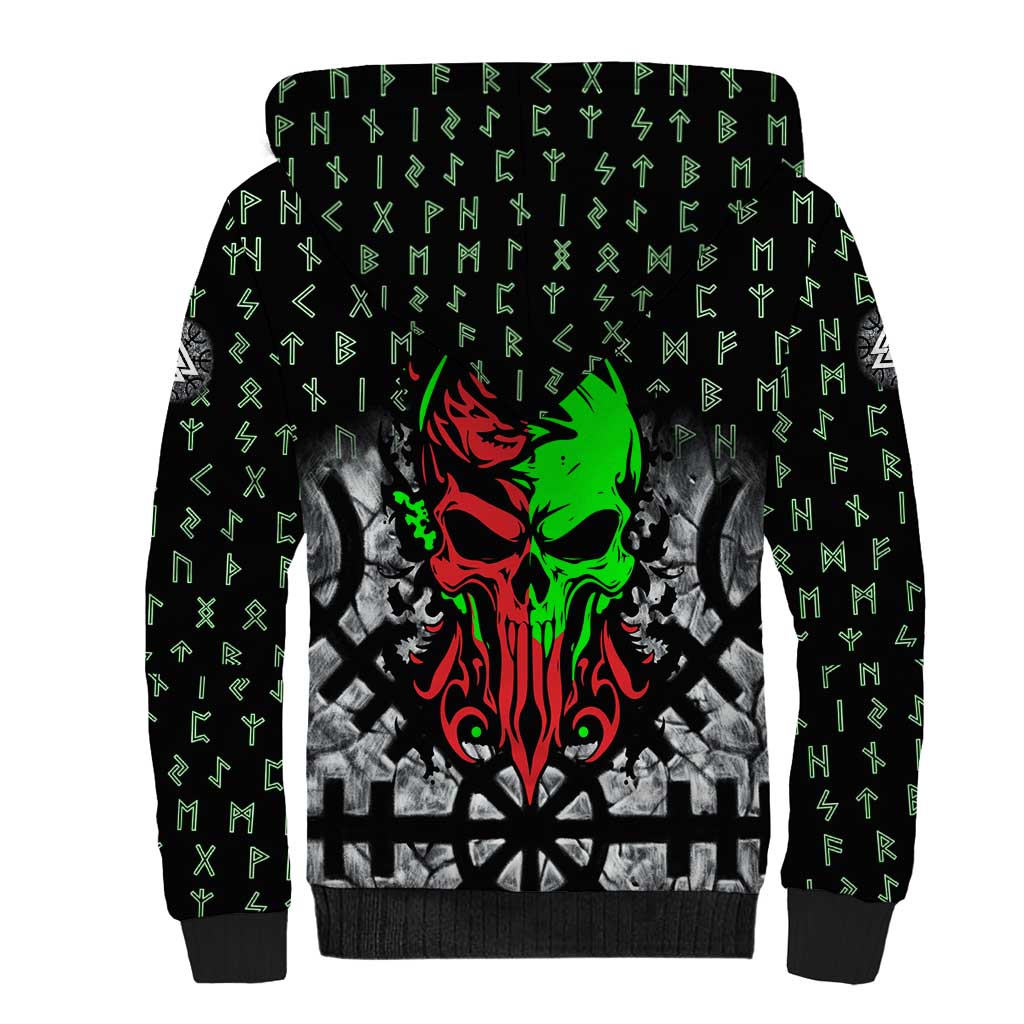 Flaming Skull Sherpa Hoodie with Green Runes and Norse Symbols Viking Warrior Tribute - Wonder Print Shop