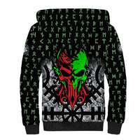 Flaming Skull Sherpa Hoodie with Green Runes and Norse Symbols Viking Warrior Tribute - Wonder Print Shop
