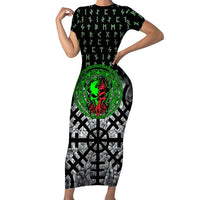 Flaming Skull Short Sleeve Bodycon Dress with Green Runes and Norse Symbols Viking Warrior Tribute - Wonder Print Shop