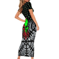 Flaming Skull Short Sleeve Bodycon Dress with Green Runes and Norse Symbols Viking Warrior Tribute - Wonder Print Shop