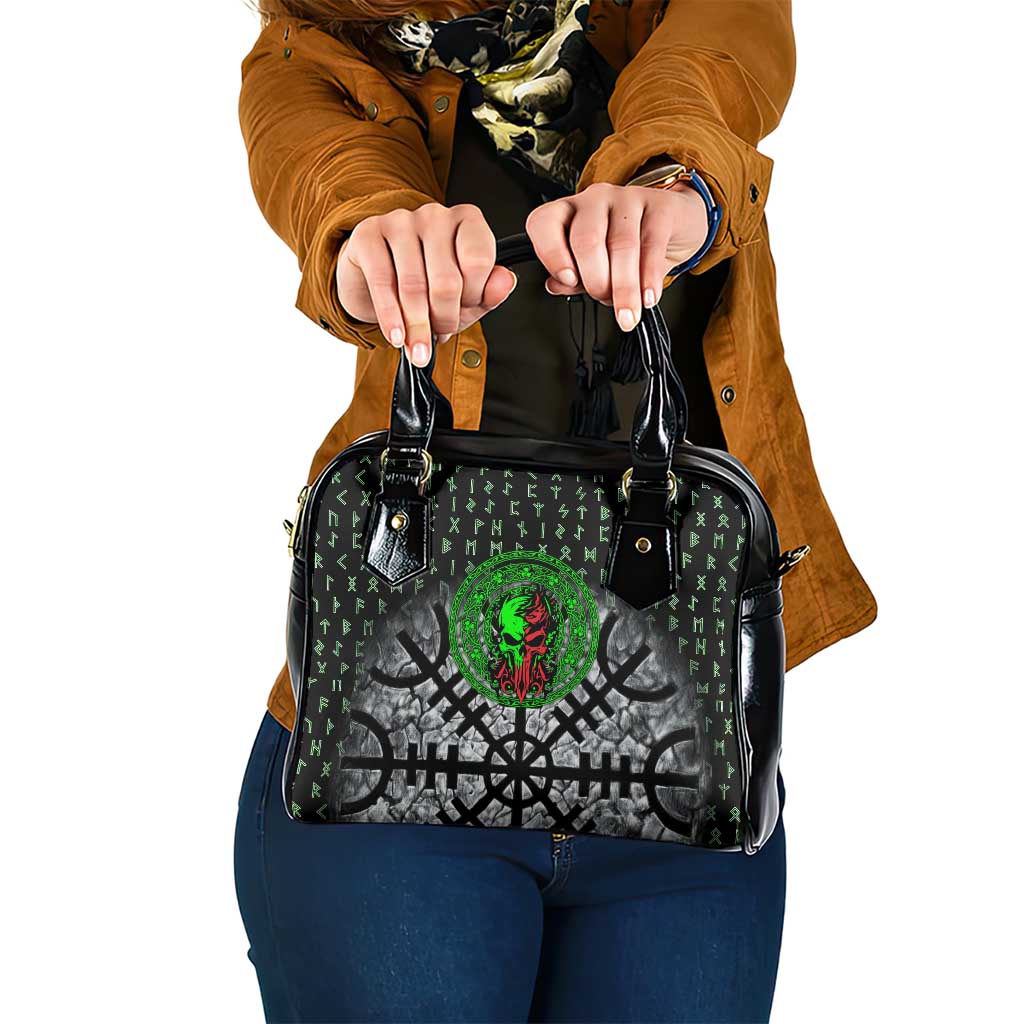 Flaming Skull Shoulder Handbag with Green Runes and Norse Symbols Viking Warrior Tribute - Wonder Print Shop