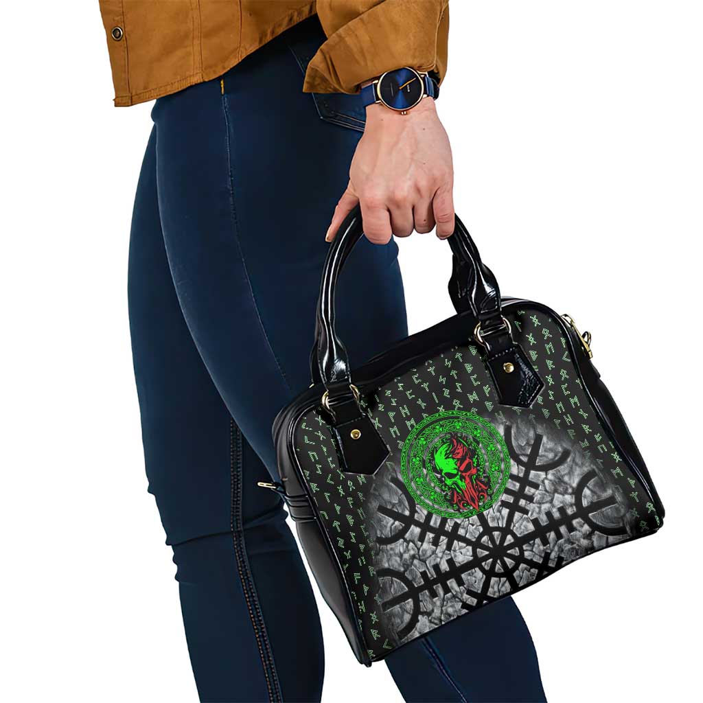 Flaming Skull Shoulder Handbag with Green Runes and Norse Symbols Viking Warrior Tribute - Wonder Print Shop