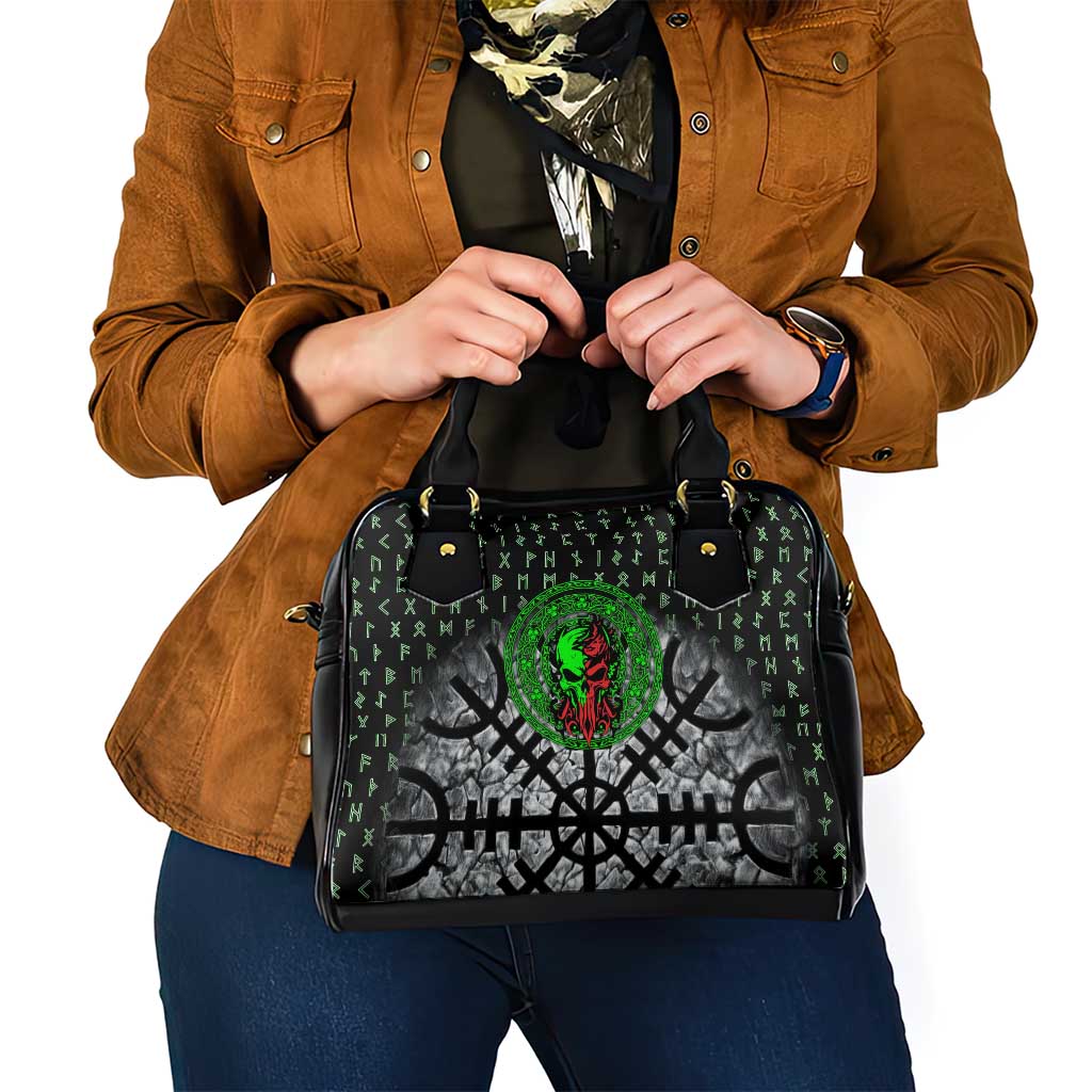 Flaming Skull Shoulder Handbag with Green Runes and Norse Symbols Viking Warrior Tribute - Wonder Print Shop