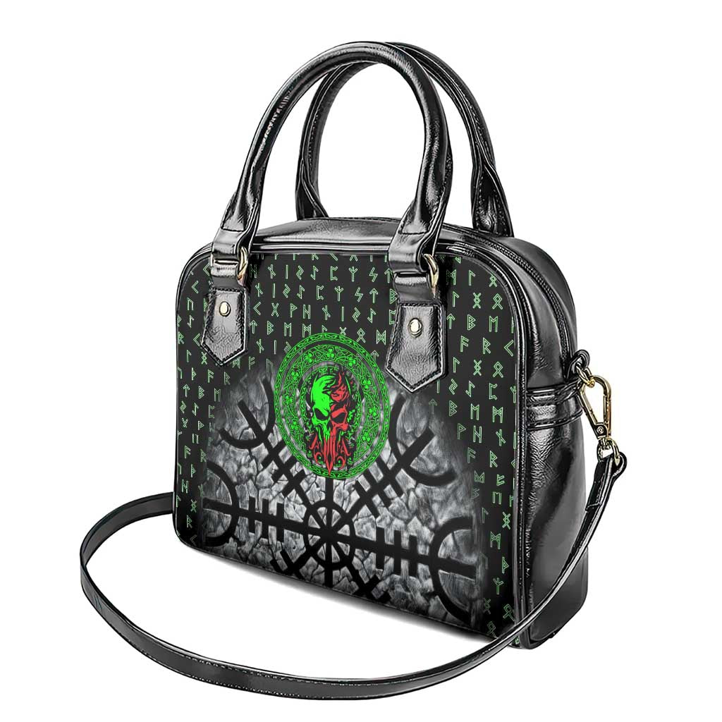 Flaming Skull Shoulder Handbag with Green Runes and Norse Symbols Viking Warrior Tribute - Wonder Print Shop
