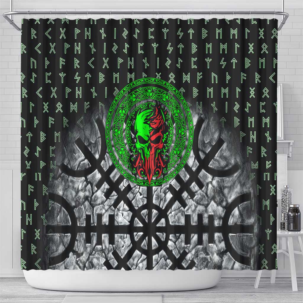 Flaming Skull Shower Curtain with Green Runes and Norse Symbols Viking Warrior Tribute - Wonder Print Shop