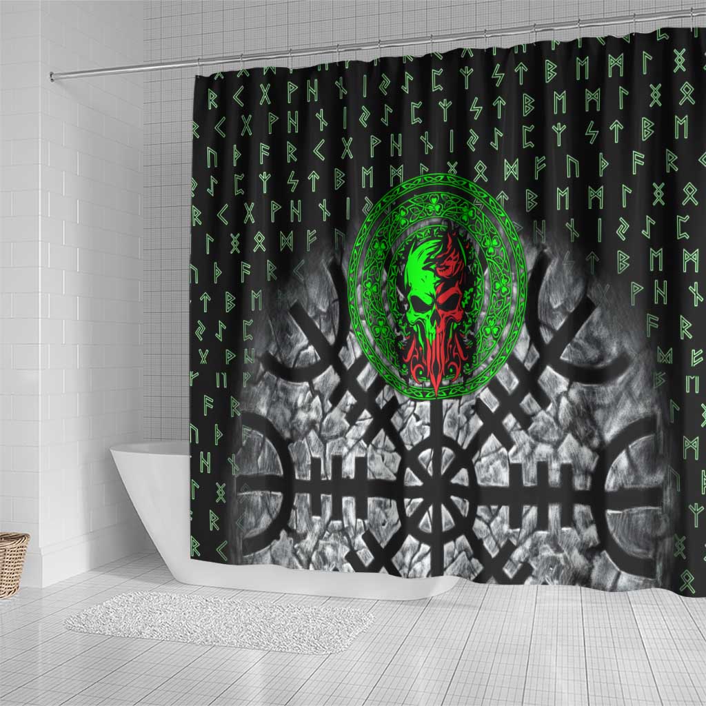 Flaming Skull Shower Curtain with Green Runes and Norse Symbols Viking Warrior Tribute - Wonder Print Shop