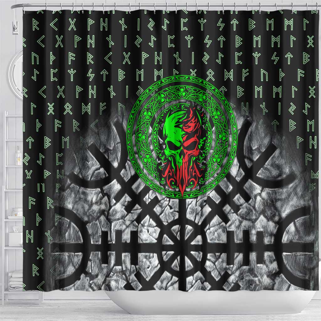 Flaming Skull Shower Curtain with Green Runes and Norse Symbols Viking Warrior Tribute - Wonder Print Shop