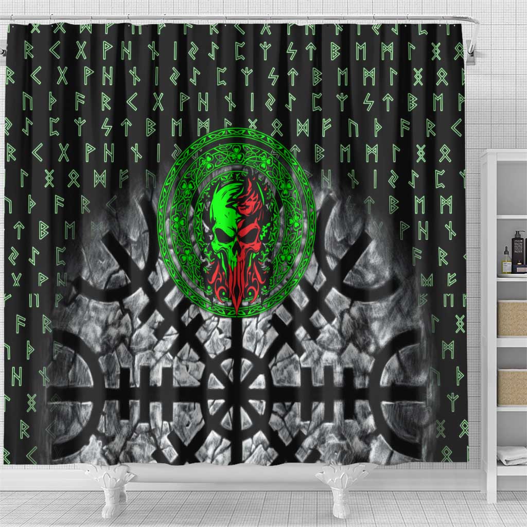 Flaming Skull Shower Curtain with Green Runes and Norse Symbols Viking Warrior Tribute - Wonder Print Shop