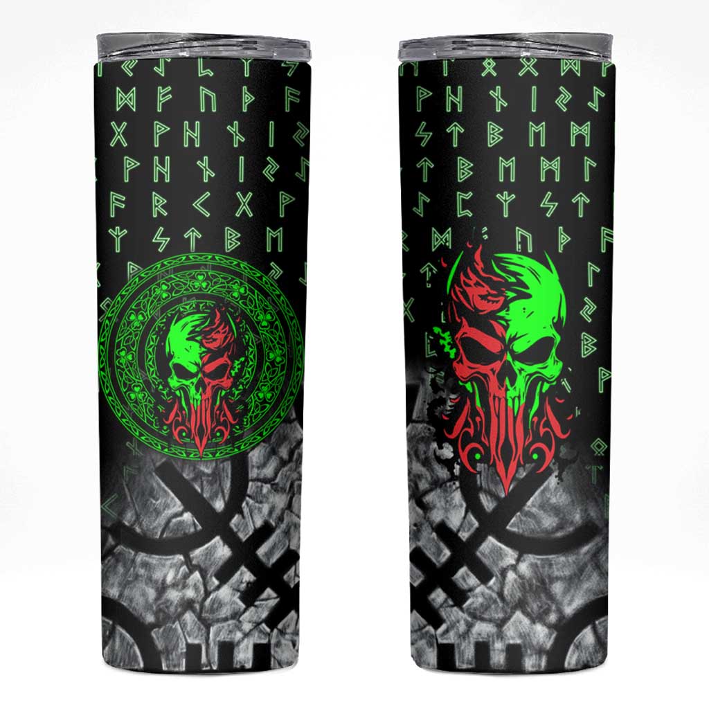 Flaming Skull Skinny Tumbler with Green Runes and Norse Symbols Viking Warrior Tribute - Wonder Print Shop