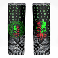 Flaming Skull Skinny Tumbler with Green Runes and Norse Symbols Viking Warrior Tribute - Wonder Print Shop
