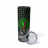Flaming Skull Skinny Tumbler with Green Runes and Norse Symbols Viking Warrior Tribute - Wonder Print Shop