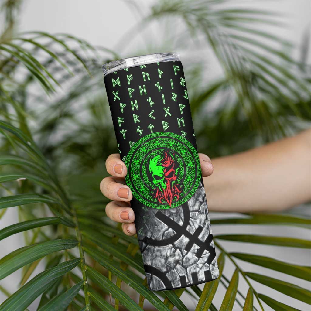 Flaming Skull Skinny Tumbler with Green Runes and Norse Symbols Viking Warrior Tribute - Wonder Print Shop