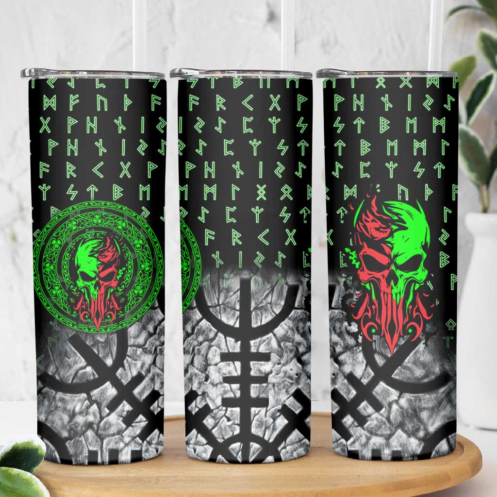 Flaming Skull Skinny Tumbler with Green Runes and Norse Symbols Viking Warrior Tribute - Wonder Print Shop