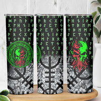 Flaming Skull Skinny Tumbler with Green Runes and Norse Symbols Viking Warrior Tribute - Wonder Print Shop
