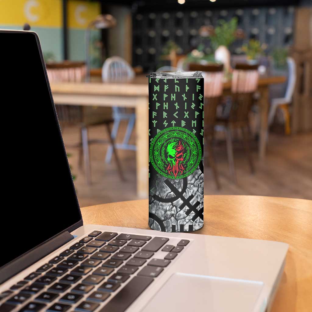 Flaming Skull Skinny Tumbler with Green Runes and Norse Symbols Viking Warrior Tribute - Wonder Print Shop