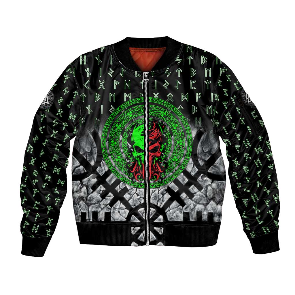 Flaming Skull Sleeve Zip Bomber Jacket with Green Runes and Norse Symbols Viking Warrior Tribute - Wonder Print Shop