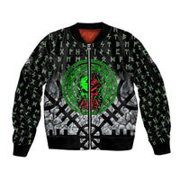Flaming Skull Sleeve Zip Bomber Jacket with Green Runes and Norse Symbols Viking Warrior Tribute - Wonder Print Shop