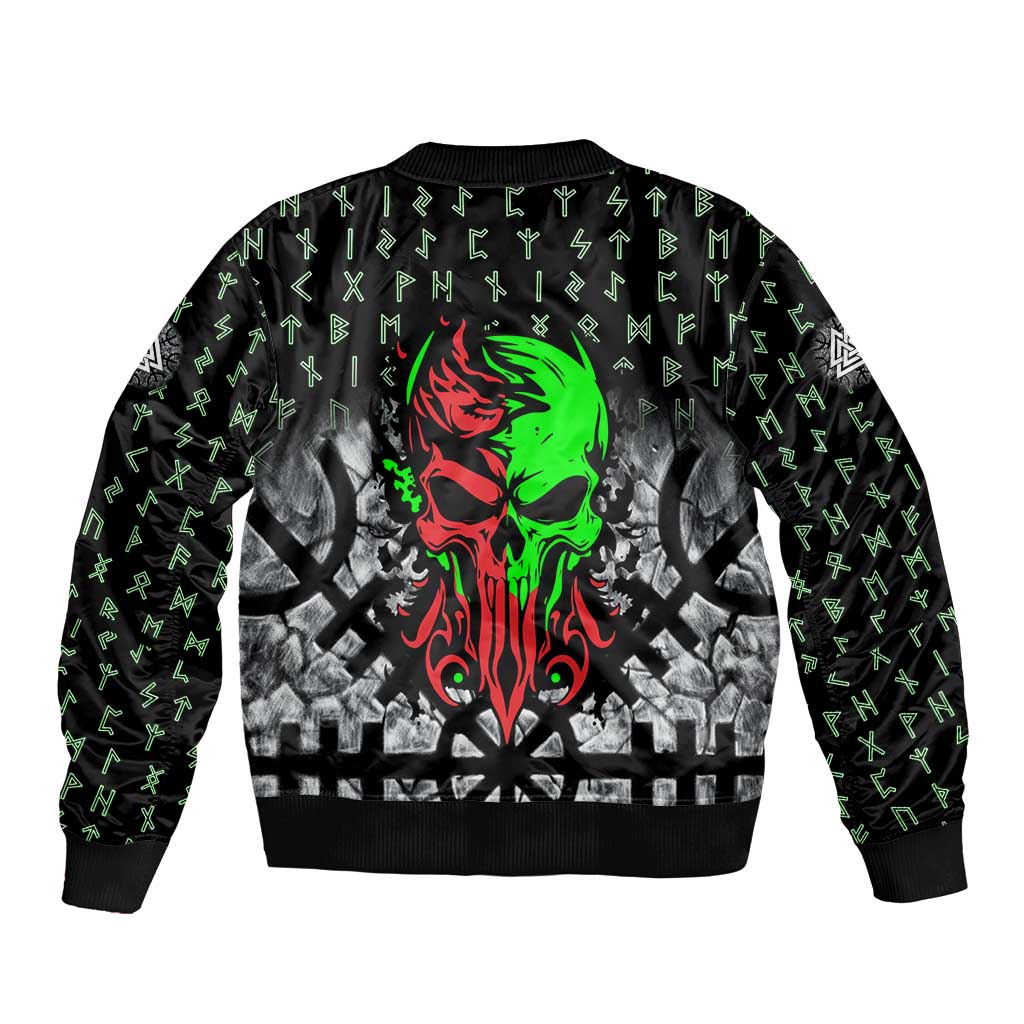 Flaming Skull Sleeve Zip Bomber Jacket with Green Runes and Norse Symbols Viking Warrior Tribute - Wonder Print Shop