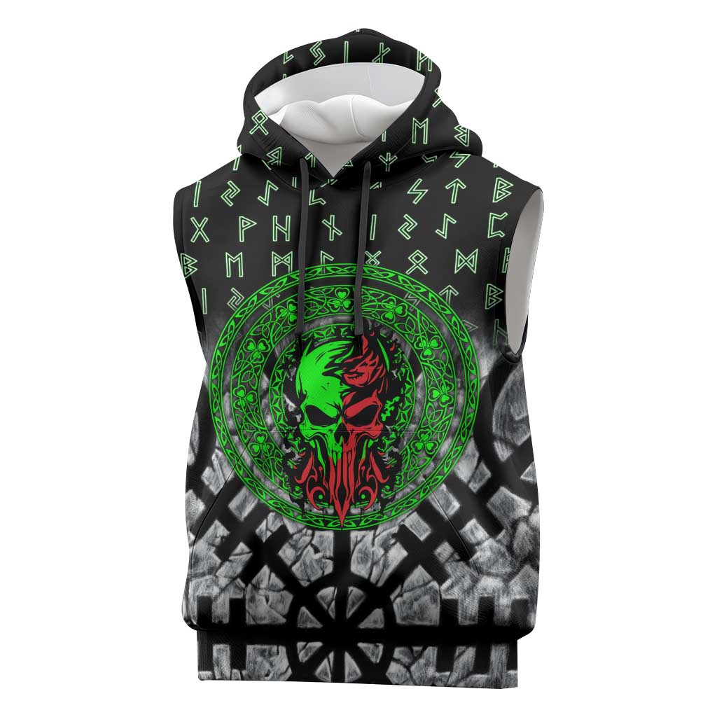 Flaming Skull Sleeveless Hoodie with Green Runes and Norse Symbols Viking Warrior Tribute - Wonder Print Shop