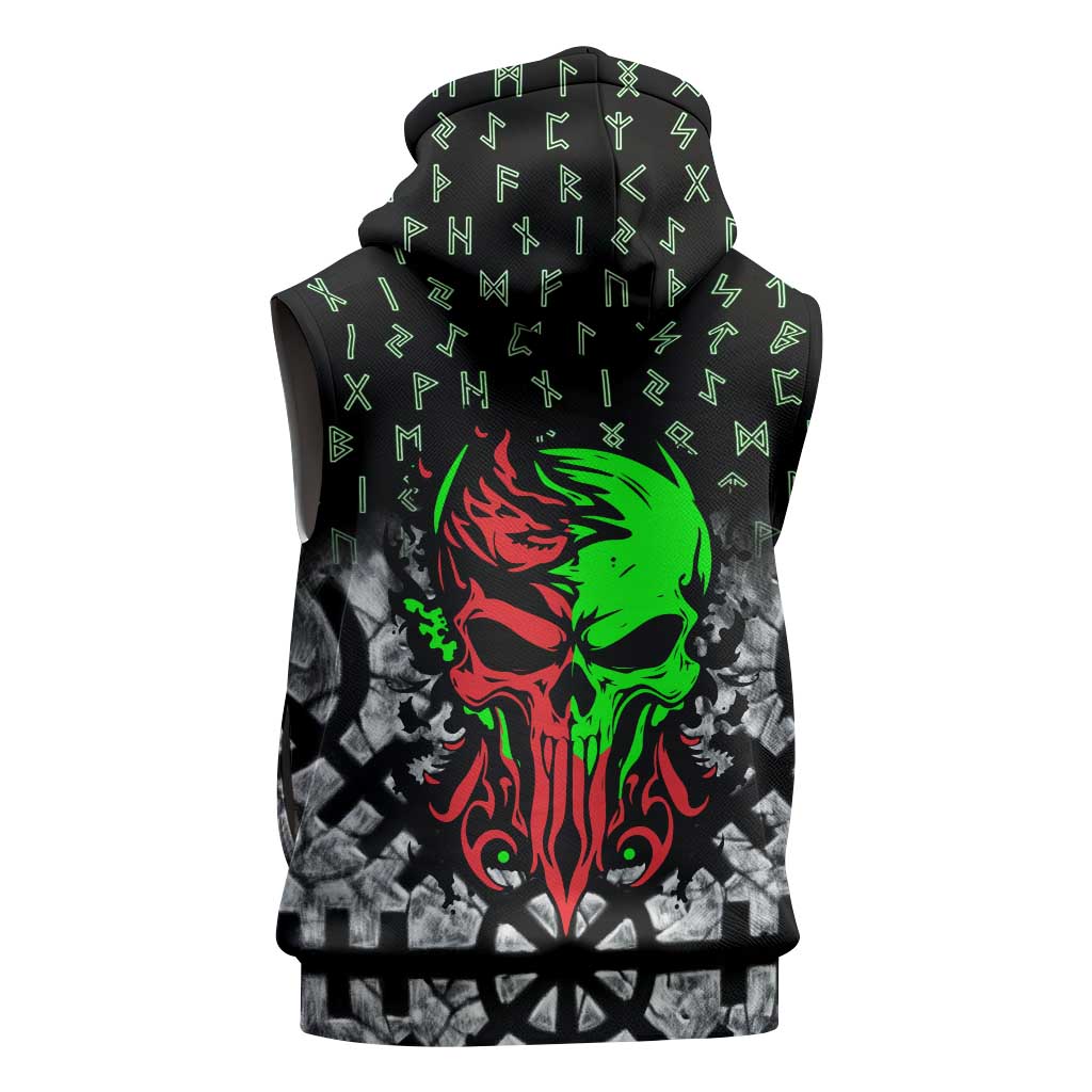 Flaming Skull Sleeveless Hoodie with Green Runes and Norse Symbols Viking Warrior Tribute - Wonder Print Shop