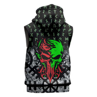Flaming Skull Sleeveless Hoodie with Green Runes and Norse Symbols Viking Warrior Tribute - Wonder Print Shop