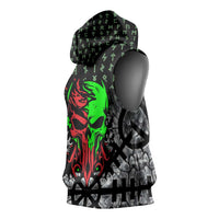 Flaming Skull Sleeveless Hoodie with Green Runes and Norse Symbols Viking Warrior Tribute - Wonder Print Shop
