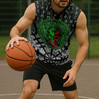 Flaming Skull Sleeveless Hoodie with Green Runes and Norse Symbols Viking Warrior Tribute - Wonder Print Shop