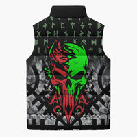 Flaming Skull Sleeveless Puffer Jacket with Green Runes and Norse Symbols Viking Warrior Tribute - Wonder Print Shop