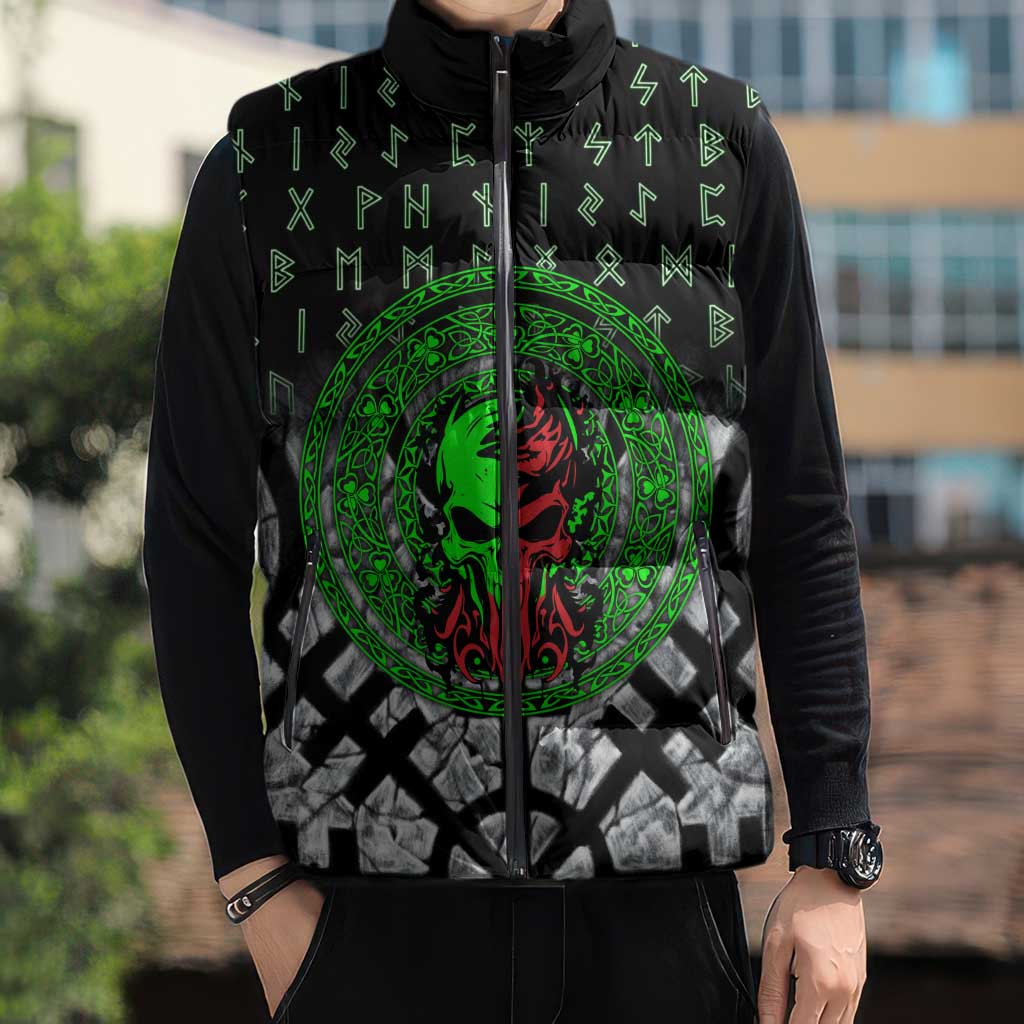 Flaming Skull Sleeveless Puffer Jacket with Green Runes and Norse Symbols Viking Warrior Tribute - Wonder Print Shop