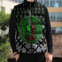 Flaming Skull Sleeveless Puffer Jacket with Green Runes and Norse Symbols Viking Warrior Tribute - Wonder Print Shop