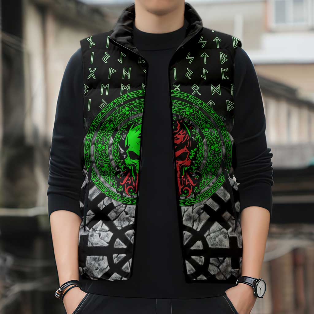 Flaming Skull Sleeveless Puffer Jacket with Green Runes and Norse Symbols Viking Warrior Tribute - Wonder Print Shop