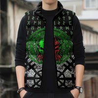 Flaming Skull Sleeveless Puffer Jacket with Green Runes and Norse Symbols Viking Warrior Tribute - Wonder Print Shop