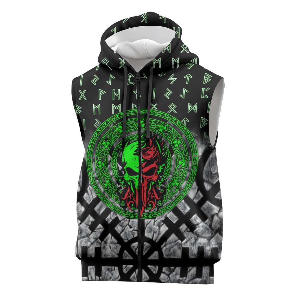 Flaming Skull Sleeveless Zip Hoodie with Green Runes and Norse Symbols Viking Warrior Tribute - Wonder Print Shop