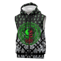 Flaming Skull Sleeveless Zip Hoodie with Green Runes and Norse Symbols Viking Warrior Tribute - Wonder Print Shop
