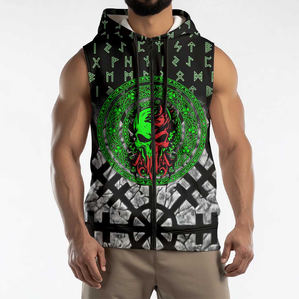 Flaming Skull Sleeveless Zip Hoodie with Green Runes and Norse Symbols Viking Warrior Tribute - Wonder Print Shop