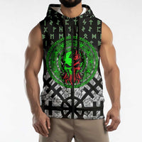 Flaming Skull Sleeveless Zip Hoodie with Green Runes and Norse Symbols Viking Warrior Tribute - Wonder Print Shop