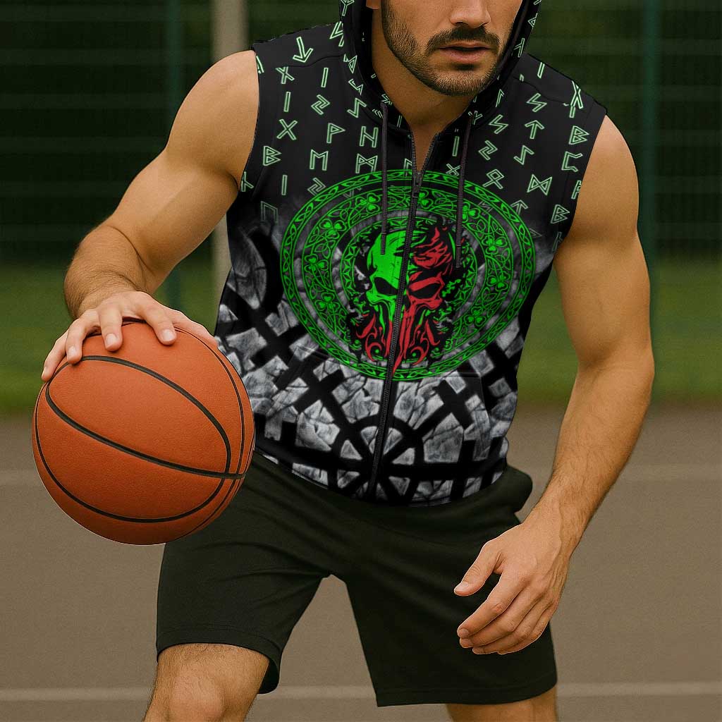Flaming Skull Sleeveless Zip Hoodie with Green Runes and Norse Symbols Viking Warrior Tribute - Wonder Print Shop