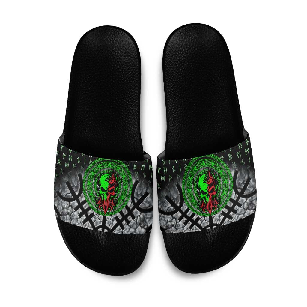 Flaming Skull Slide Sandals with Green Runes and Norse Symbols Viking Warrior Tribute - Wonder Print Shop