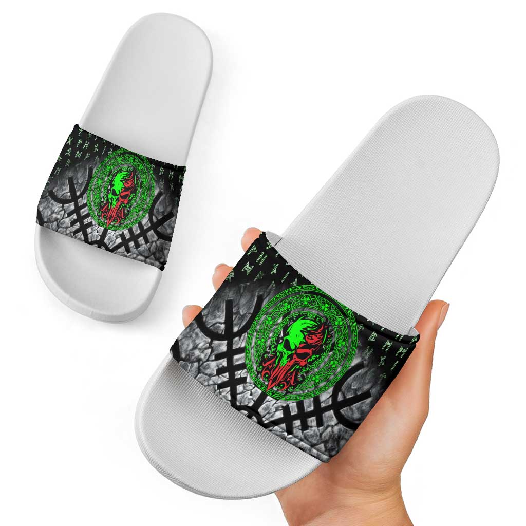 Flaming Skull Slide Sandals with Green Runes and Norse Symbols Viking Warrior Tribute - Wonder Print Shop