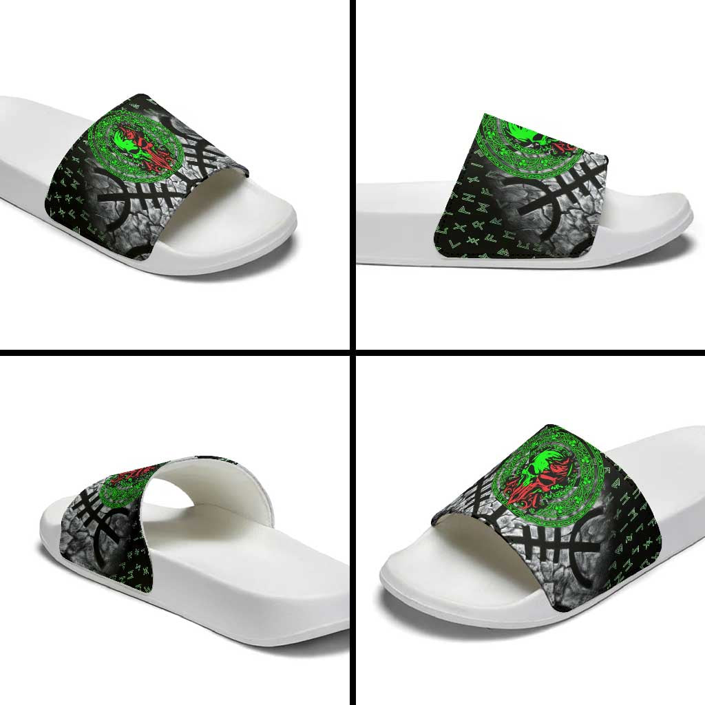 Flaming Skull Slide Sandals with Green Runes and Norse Symbols Viking Warrior Tribute - Wonder Print Shop