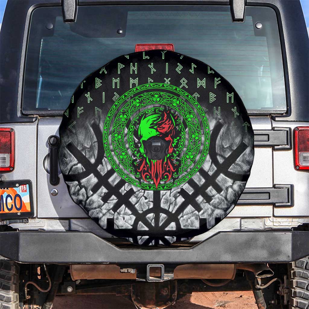 Flaming Skull Spare Tire Cover with Green Runes and Norse Symbols Viking Warrior Tribute - Wonder Print Shop