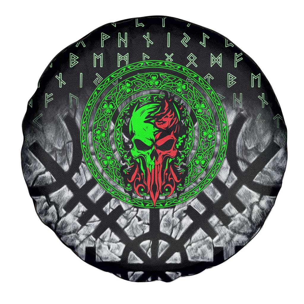 Flaming Skull Spare Tire Cover with Green Runes and Norse Symbols Viking Warrior Tribute - Wonder Print Shop